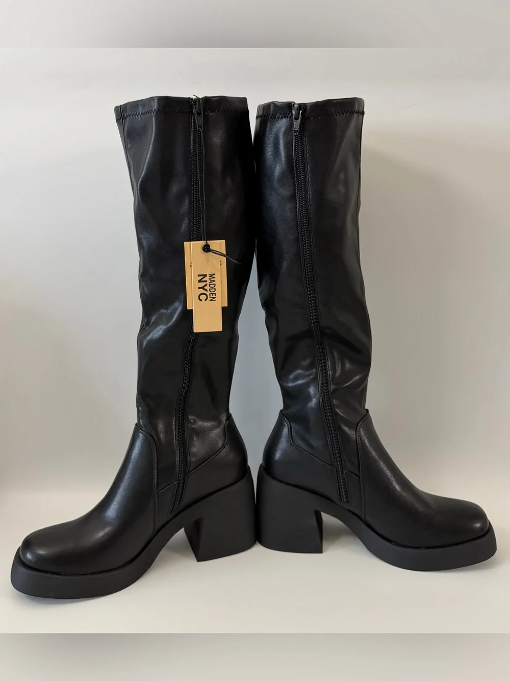 Madden NYC Black Knee High Boots Women Size 9 Block Heel Faux Leather
